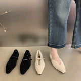 2025  popular autumn and winter new pointed head shallow mouth fluffy shoes women go out flat single shoes flash diamond square buckle velvet shoes children