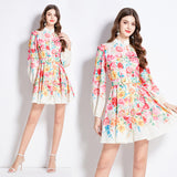 2025 retro court dress, socialite temperament lantern, long-sleeved stand-up collar, breasted waist, printed elegant short dress
