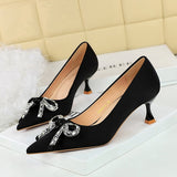 2025 1961-H61  style light luxury rhinestone bow pointed head thin heel middle heel satin single shoes wine glass and women's single shoes