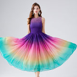 Fashion light luxury temperament sleeveless round neck waist thin a word rainbow gradual change color chiffon dress elegant long dress