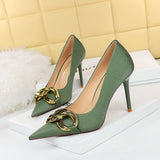 2025 7239-A1  fashion banquet women's shoes thin heel high heel shallow mouth pointed head large metal buckle single shoes high heels
