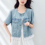 Cotton cocoon, lace splicing washed old denim short-sleeved shirt women