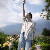 popular elegant, printed shirt ramie niche retro literary floral top women's summer new tea clothes A0511