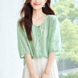 Cotton cocoon, heavy industry embroidered flower shirt women's summer  retro temperament commuter versatile shirt