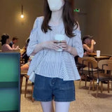 Official website, off-shoulder striped design, loose belly-covering chiffon shirt, women's summer  new small top