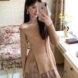 2025 Xiuxixi autumn new temperament small fragrant wind scarf bottoming shirt beaded long-sleeved knitted sweater women's top 25091