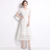 temperament elegant water-soluble lace dress short-sleeved doll collar lace-up waist dress popular summer new