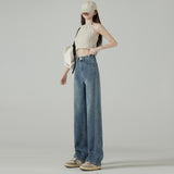 kamames High Waist Double Buckle Straight Jeans for Women  Spring and Autumn New Small Loose Drooping Wide Leg Mop Pants