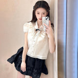 summer new doll collar bow short-sleeved ruffle edge single-breasted fashionable versatile shirt women MZ031