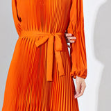 2025 High-end fashion new temperament elegant pendant feeling loose lace-up solid color long dress pleated dress women