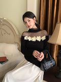 2025 popular autumn and winter new temperament round neck mesh splicing bottoming shirt women's versatile top tide 89153