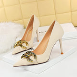 2025 7239-A1  fashion banquet women's shoes thin heel high heel shallow mouth pointed head large metal buckle single shoes high heels