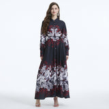 retro design sense printed bubble sleeves straps waist thin long dress temperament dress spring women