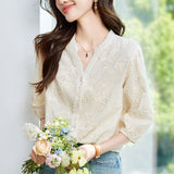 Cotton cocoon V-neck embroidered hollow seven-quarter sleeve shirt women's spring and summer  new pure cotton temperament simple top shirt