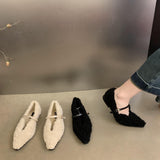 2025  popular autumn and winter new pointed head shallow mouth fluffy shoes women go out flat single shoes flash diamond square buckle velvet shoes children