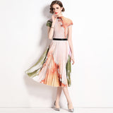Pleated  summer new fashion corn kernels top + temperament pleated skirt two-piece set