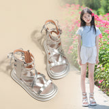 KAMAMES Children's Roman Sandals Girls' Summer  New Princess Shoes Soft Bottom Middle and Big Children's High-Top Silver Fashion British