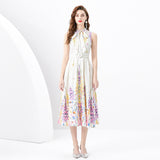 Women's Clothing Spring/Summer popular - Ribbon Neck Sleeveless Pleated Single Placket Long Vintage Oil Painting Printed Dress