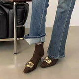 2025  Skinny boots popular new autumn and winter with skirt metal buckle pointed head thin heel medium heel temperament  low heel short boot velvet