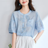 Cotton cocoon, summer new literary ramie retro embroidered shirt loose splicing printing thin shirt shirt