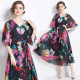 Chiffon dress women's popular new summer dress design sense printing medium sleeve loose and thin medium and long holiday skirt