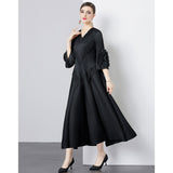 Popularan court style dress women's design sense fringed V-neck slim long heavy industry pleated horn sleeve dress women