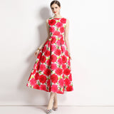 spring and summer new holiday style printing waist and thin elegant temperament sleeveless dress long women