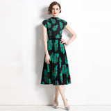 Spring and summer  new pleated suit women's short-sleeved printed T-shirt skirt fashion temperament two-piece set