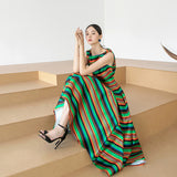 summer new  pendulum contrasting stripes long puffy dress elegant retro sleeveless A-shaped dress