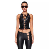 women's clothing popular new  style solid color corns strap PU leather sleeveless small vest women's top wholesale