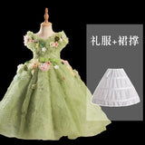 Kamames  Girls' Dress Green Elf Mori Style Flower Birthday Princess Dress Children's Host Catwalk Costume for Piano Performance Spring