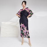 2025 High-quality women's clothing fashion dress women's spring and summer new printed bat sleeves to cover the belly and look thin and elegant long dress