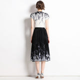 Pleated summer new fashion slim-fit shirt + printed pleated skirt two-piece set