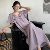 Summer fashion Korean version temperament Tencel long dress  simple and thin sweet lotus leaf sleeve dress women N4061