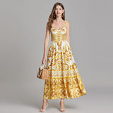 Yellow color suspender long dress popular summer dress yellow ceramic print vacation dress beach tube top skirt