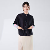 2025 National style new Chinese top spring and summer women's design sense stand-up collar buckle retro loose long-sleeved cardigan pleated T-shirt