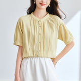 Cotton cocoon, organ pleated goose yellow short-sleeved shirt women's summer  new texture temperament versatile shirt