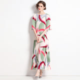 new literary and artistic style niche high-end printing medium sleeve crew neck dress women's large size medium and long dress