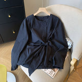 2025 round neck long-sleeved shirt women's early spring design sense chic unique lace-up shirt Korean atmosphere top