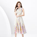 Women's Clothing Spring/Summer popular - Ribbon Neck Sleeveless Pleated Single Placket Long Vintage Oil Painting Printed Dress