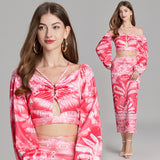 popular summer beach wind sexy halter strap long-sleeved top + strap skirt two-piece suit women