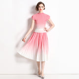 Pleated summer new fashion slim-fit shirt + printed pleated skirt two-piece set