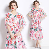 Chiffon dress women's popular new summer dress design sense printing medium sleeve loose and thin medium and long holiday skirt