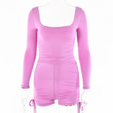 2025 autumn new square neck jumpsuit women's sexy tight sports long-sleeved drawstring tethered jumpsuit shorts