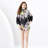 Spring/Summer popular - Vintage V-Neck Lantern Sleeve Shrinkled Fungus Edge Lantern Sleeve Shirt + Vintage Shorts Two-piece Set