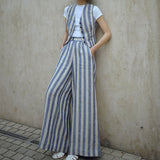 2025 spring and summer new linen vertical striped retro vacation suit high waist wide leg pants