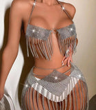 2025 180340  hot-selling rhinestone inlaid diamond cloth fringed chain connected neck exposed navel ultra-short small vest skirt