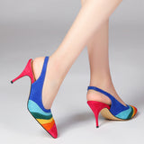 kamames Summer New Pointed Toe Shallow Mouth Rainbow Color-Blocking Stiletto Heel Sandals  plus Size Catwalk Banquet Wedding Shoes Women