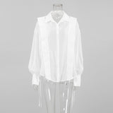 2025 Autumn and winter Russian white classic retro sexy commuting perspective temperament mesh loose long-sleeved lace-up shirt