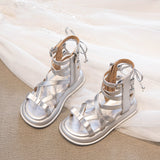 KAMAMES Children's Roman Sandals Girls' Summer  New Princess Shoes Soft Bottom Middle and Big Children's High-Top Silver Fashion British